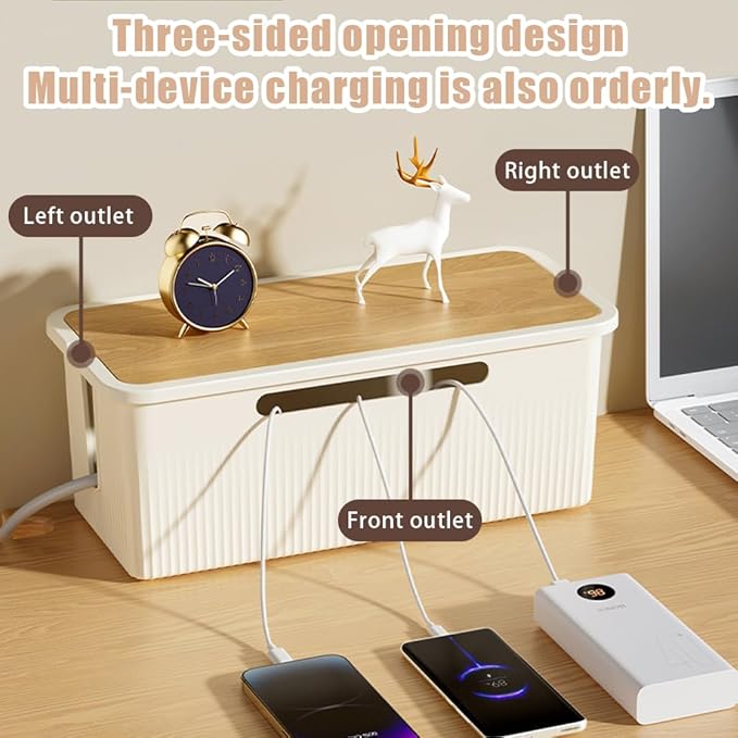Cable Management Box with Bamboo Lid for Desk Organization