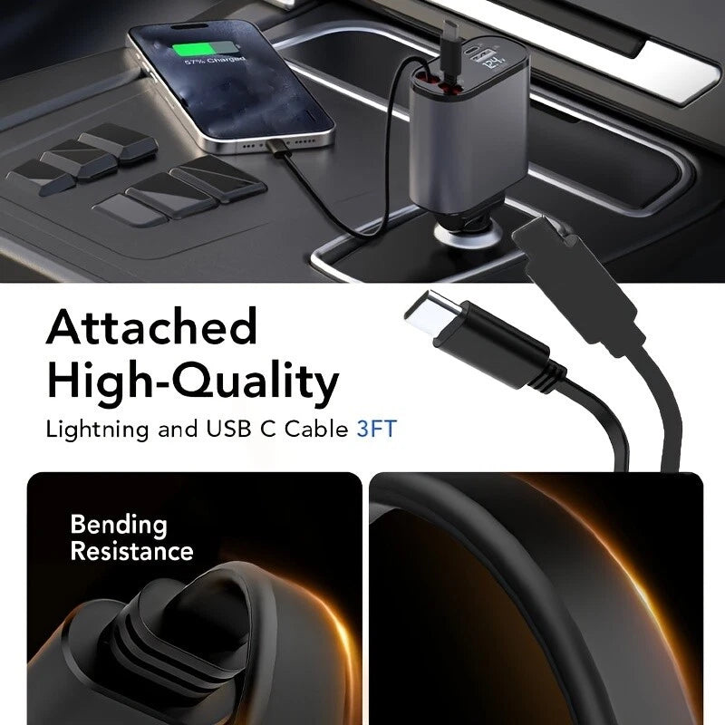 5 Port Car Charger with retractable cables charging a phone, featuring a Lightning and USB C cable with bending resistance.