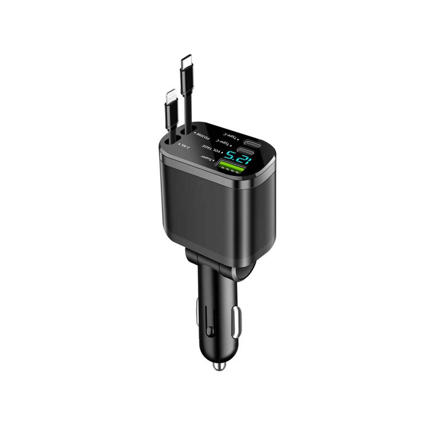 5 Port Car Charger with retractable cables and smart display for fast charging multiple devices.