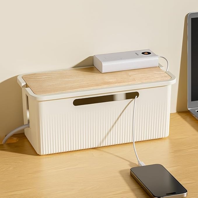 Cable Management Box with Bamboo Lid for Desk Organization