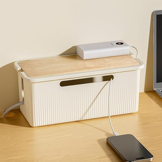 Cable Management Box with Bamboo Lid for Desk Organization