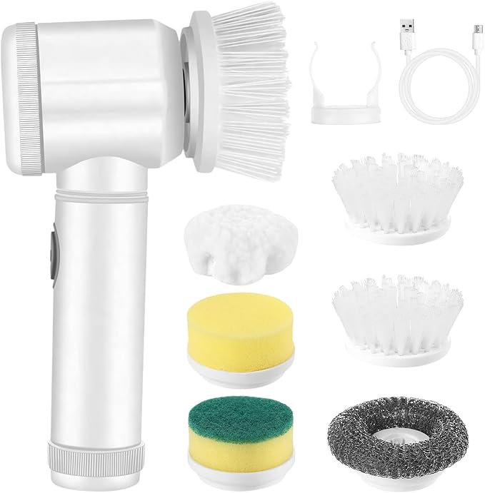 Electric Cleaning Brush, Household Cleaning Device, Wireless Power Spin Scrubber with 6 Brush Heads, Rotary Scrubber for Cleaning Tiles, Kitchen and Tyres
