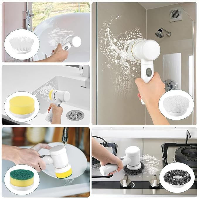 Electric Cleaning Brush, Household Cleaning Device, Wireless Power Spin Scrubber with 6 Brush Heads, Rotary Scrubber for Cleaning Tiles, Kitchen and Tyres