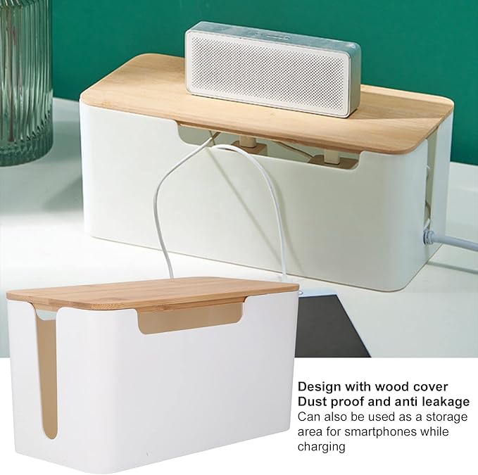 Cable Management Box with Bamboo Lid for Desk Organization