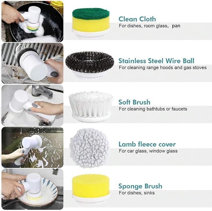 Electric Cleaning Brush, Household Cleaning Device, Wireless Power Spin Scrubber with 6 Brush Heads, Rotary Scrubber for Cleaning Tiles, Kitchen and Tyres