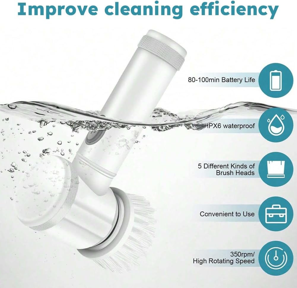 Electric Cleaning Brush, Household Cleaning Device, Wireless Power Spin Scrubber with 6 Brush Heads, Rotary Scrubber for Cleaning Tiles, Kitchen and Tyres