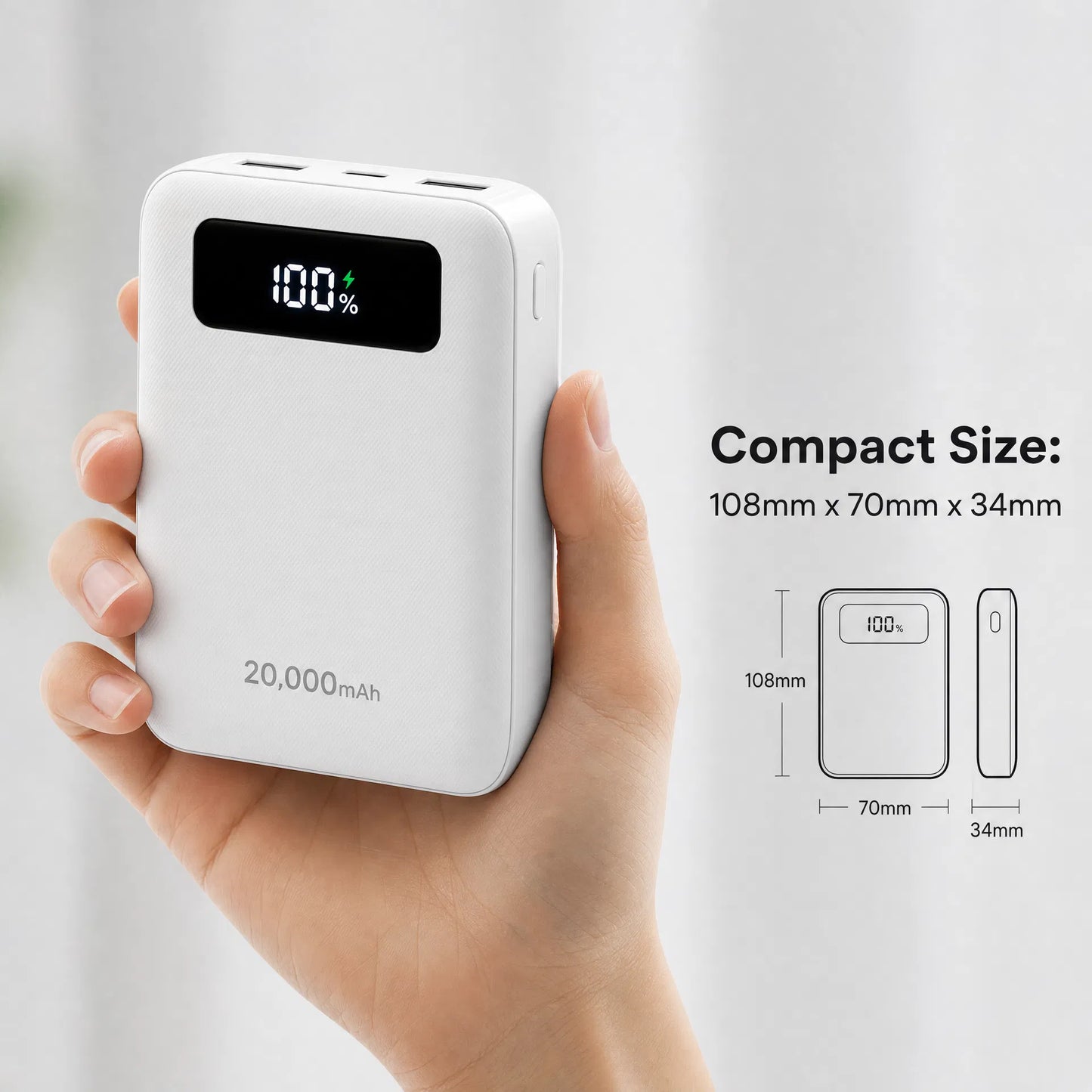 Portable Power Bank 20000mAh | 22.5W Fast Charge with 4 Built-in Cables & Digital Display