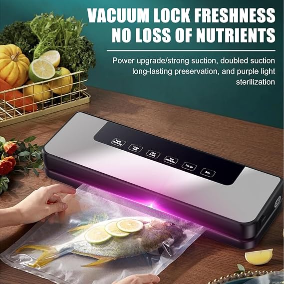Vacuum Sealer in use, sealing fish with vegetables, showcasing freshness preservation and storage benefits.