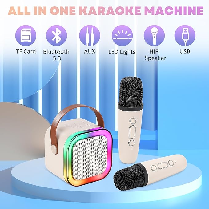 Mini Karaoke Machine, Portable Bluetooth Karaoke Speaker with 2 Wireless Microphones and Light for Family Home Party,Toys for Girls Boys Friends Age 3-12+ Kids and Adults Birthday Gifts.