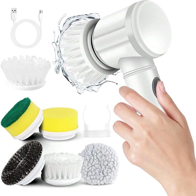 Electric Cleaning Brush, Household Cleaning Device, Wireless Power Spin Scrubber with 6 Brush Heads, Rotary Scrubber for Cleaning Tiles, Kitchen and Tyres