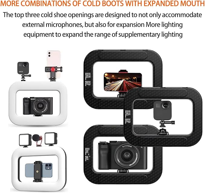 Portable Ring Light showcasing cold shoe openings for microphones and cameras in various configurations.