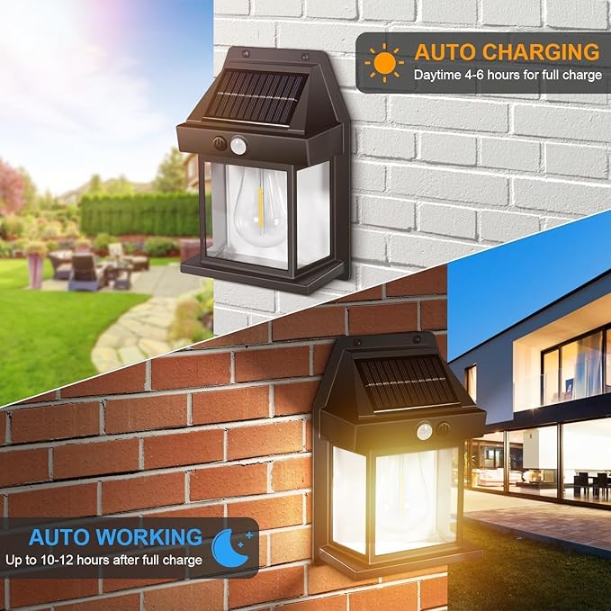 Solar Wall Bulb Lamp Sun Powered Light Outdoor with Motion Sensor Waterproof Exterior LED Sconce Lamp Auto Charging Security Outdoor Sensor Lighting Modes Lantern (Pack of 1 Pcs)