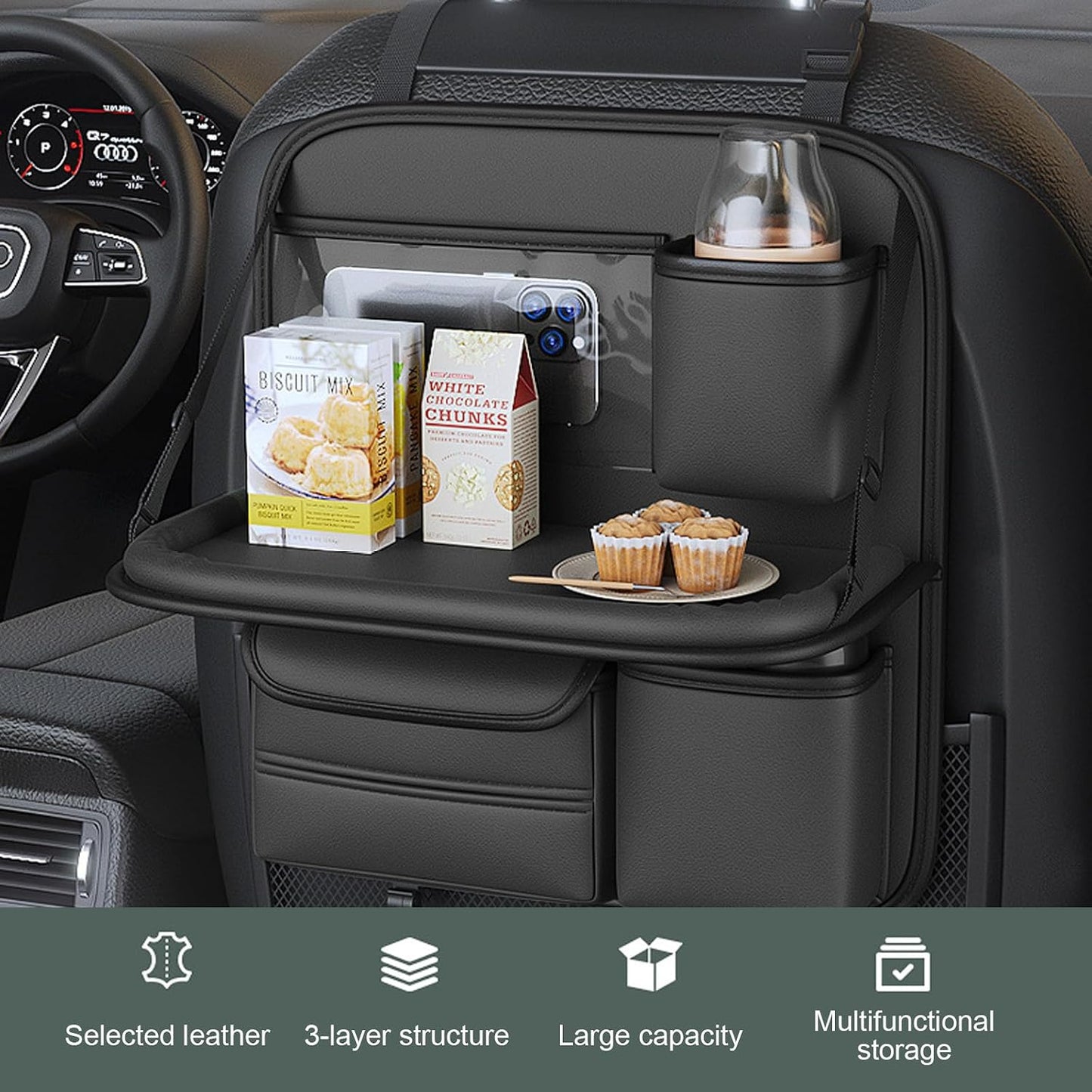 Car Back Seat Organizer with Foldable Tray & Storage Pockets