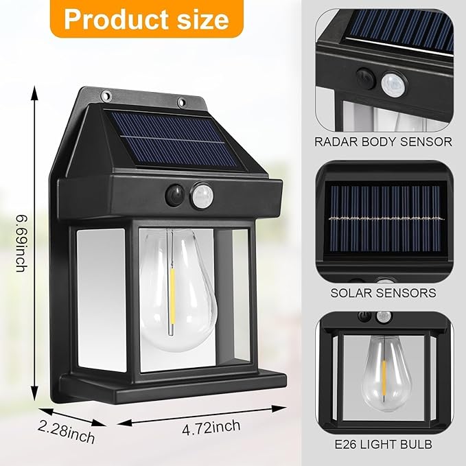 Solar Wall Bulb Lamp Sun Powered Light Outdoor with Motion Sensor Waterproof Exterior LED Sconce Lamp Auto Charging Security Outdoor Sensor Lighting Modes Lantern (Pack of 1 Pcs)