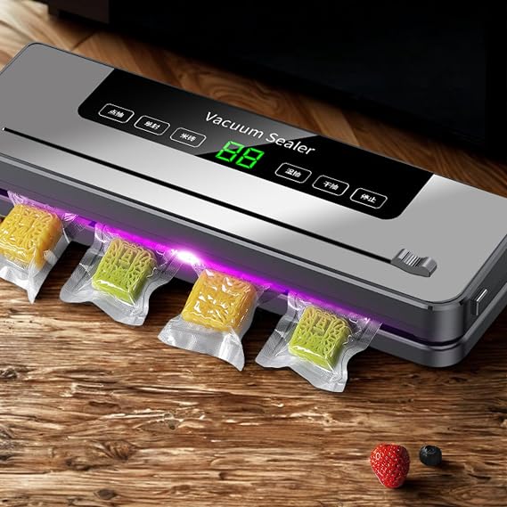 Vacuum Sealer with digital display sealing food in bags for freshness on wooden countertop.