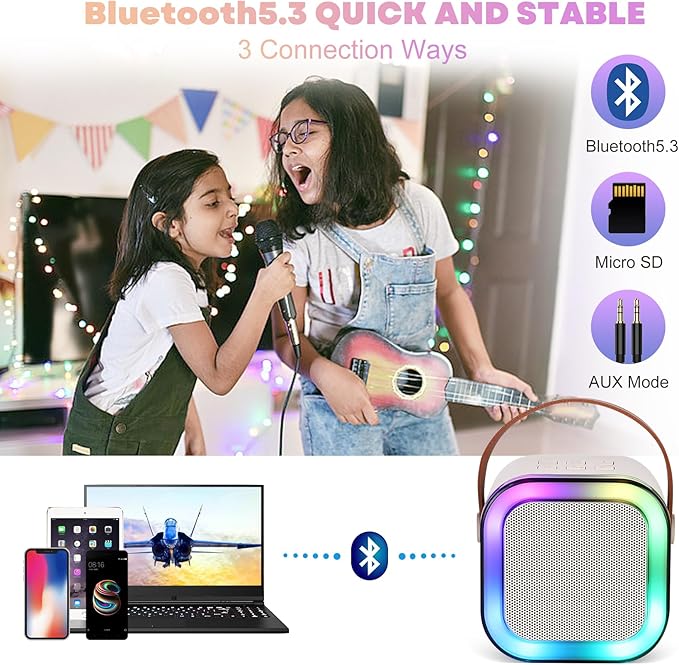 Mini Karaoke Machine, Portable Bluetooth Karaoke Speaker with 2 Wireless Microphones and Light for Family Home Party,Toys for Girls Boys Friends Age 3-12+ Kids and Adults Birthday Gifts.