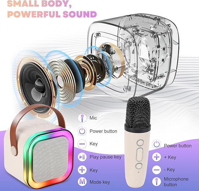 Mini Karaoke Machine, Portable Bluetooth Karaoke Speaker with 2 Wireless Microphones and Light for Family Home Party,Toys for Girls Boys Friends Age 3-12+ Kids and Adults Birthday Gifts.