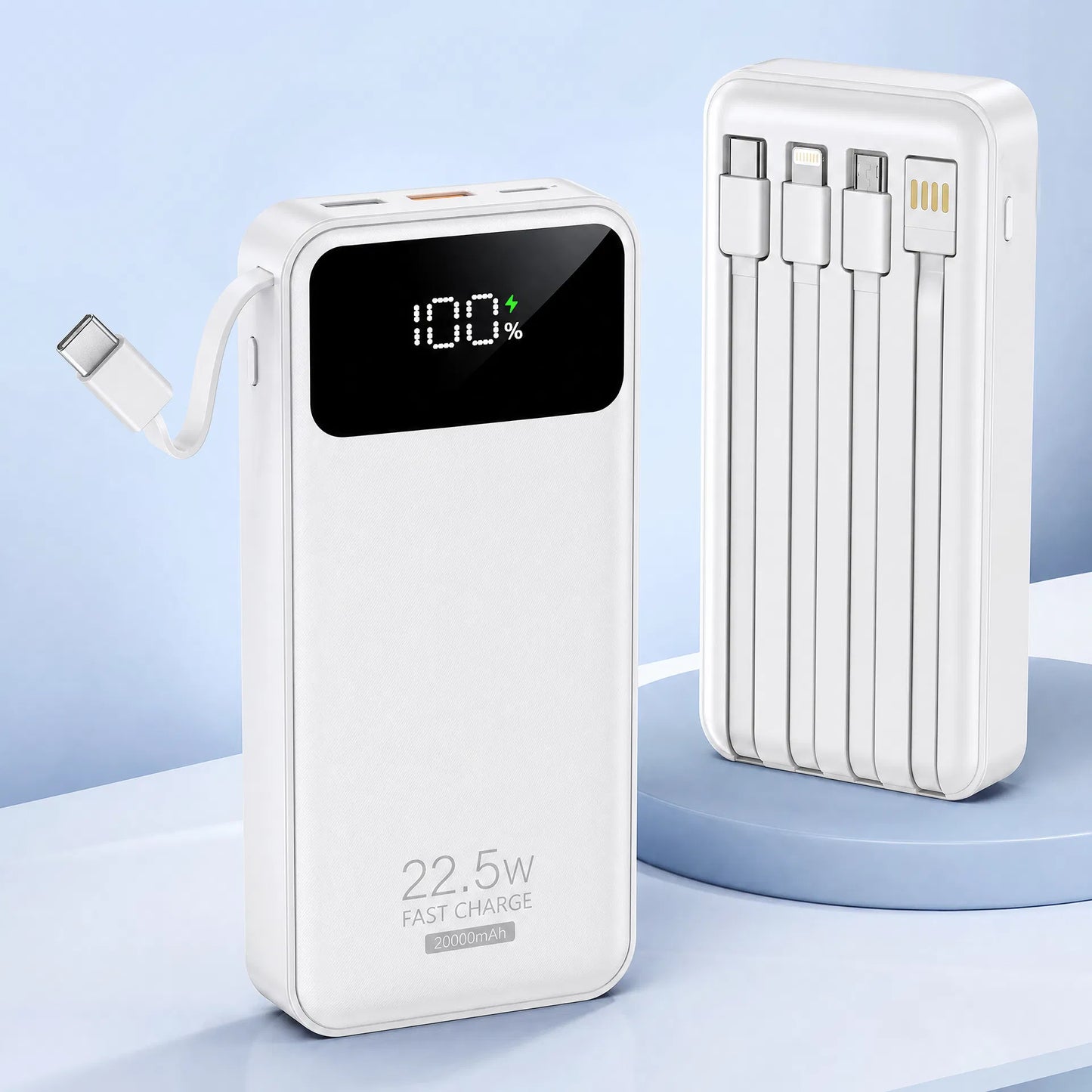 Portable Power Bank 20000mAh | 22.5W Fast Charge with 4 Built-in Cables & Digital Display