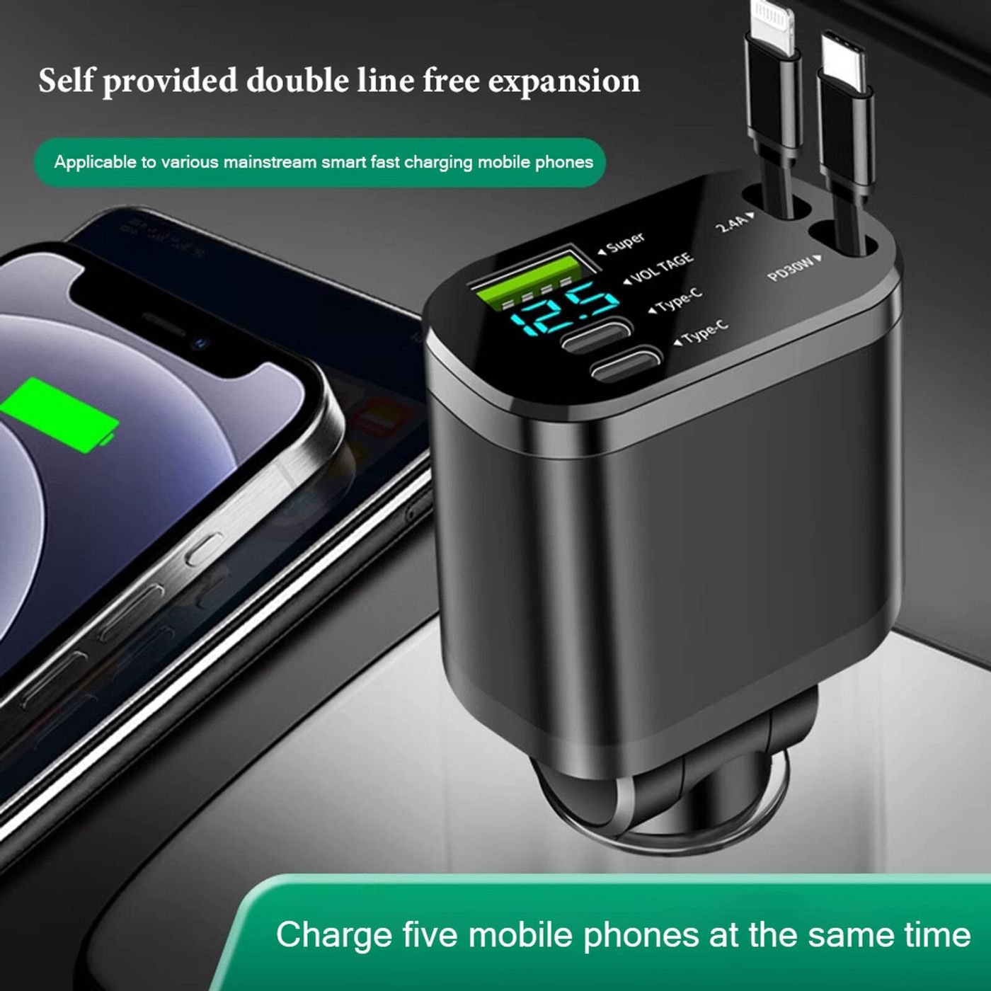 5 Port Car Charger with retractable cables and smart display charging multiple devices simultaneously