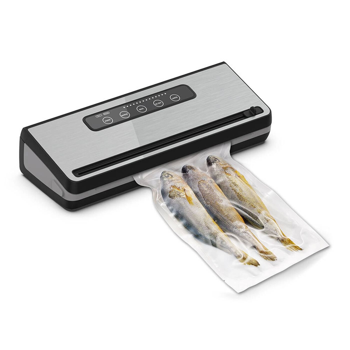 Vacuum Sealer preserving fish with airtight seal, essential kitchen appliance for food freshness.