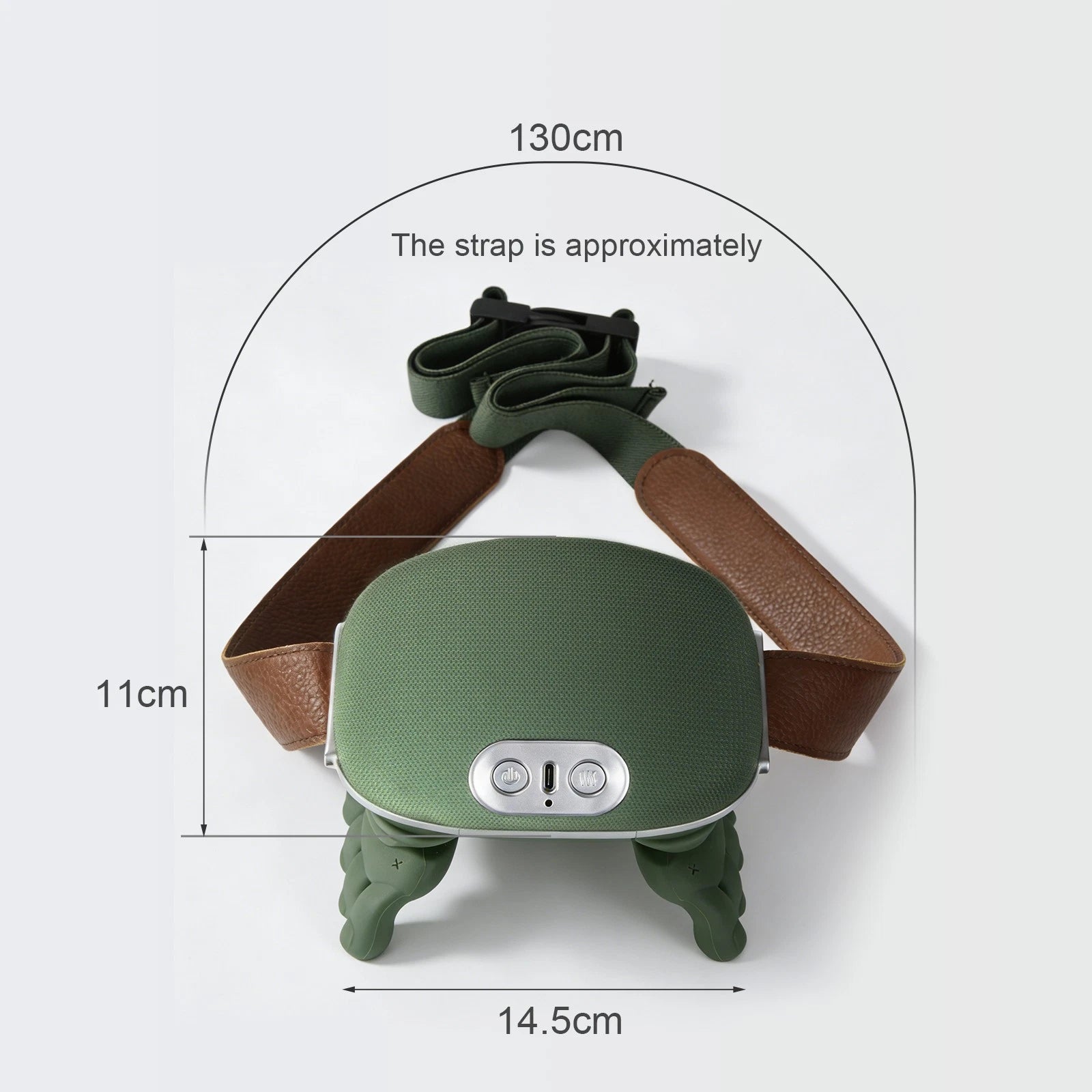 Shiatsu Neck Massager with Heat showing dimensions and adjustable strap for deep tissue relief