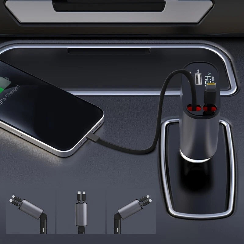 5 Port Car Charger with retractable cables charging a smartphone in a car, featuring a smart display.