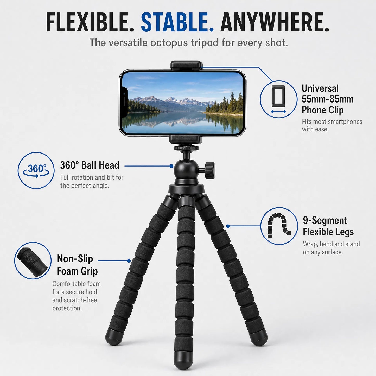 Flexible Octopus Tripod for Phone | 21cm Portable Vlogging Stand with 360° Ball Head & Universal Phone Clip
