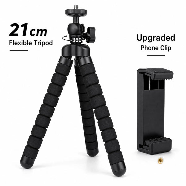 Flexible Octopus Tripod for Phone | 21cm Portable Vlogging Stand with 360° Ball Head & Universal Phone Clip